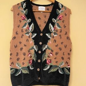 Vintage Susan Bristol Knit Sweater Vest M Floral Cheetah Grandma Prairie Cottage